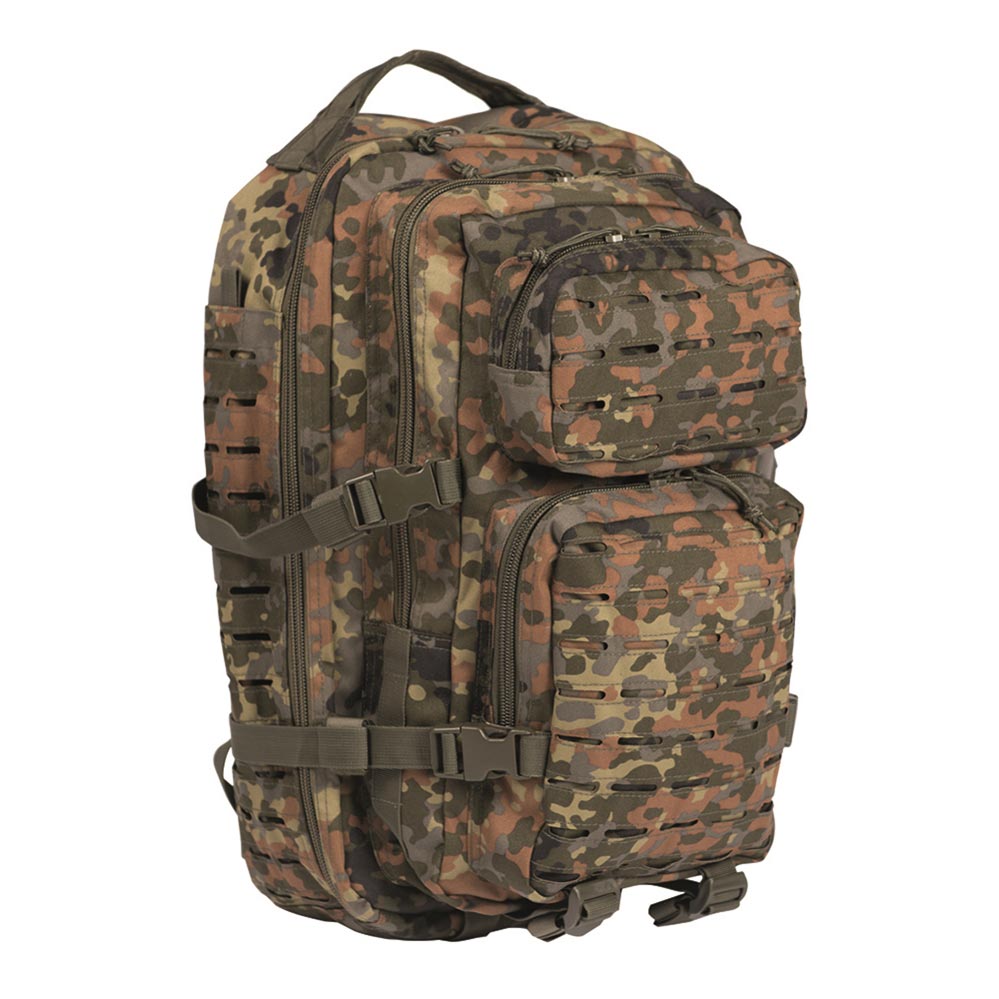 Mochila ASSAULT II Laser Cut verde, 36 L aprox., sistema MOLLE, dos compartimentos principales y dos bolsillos exteriores
