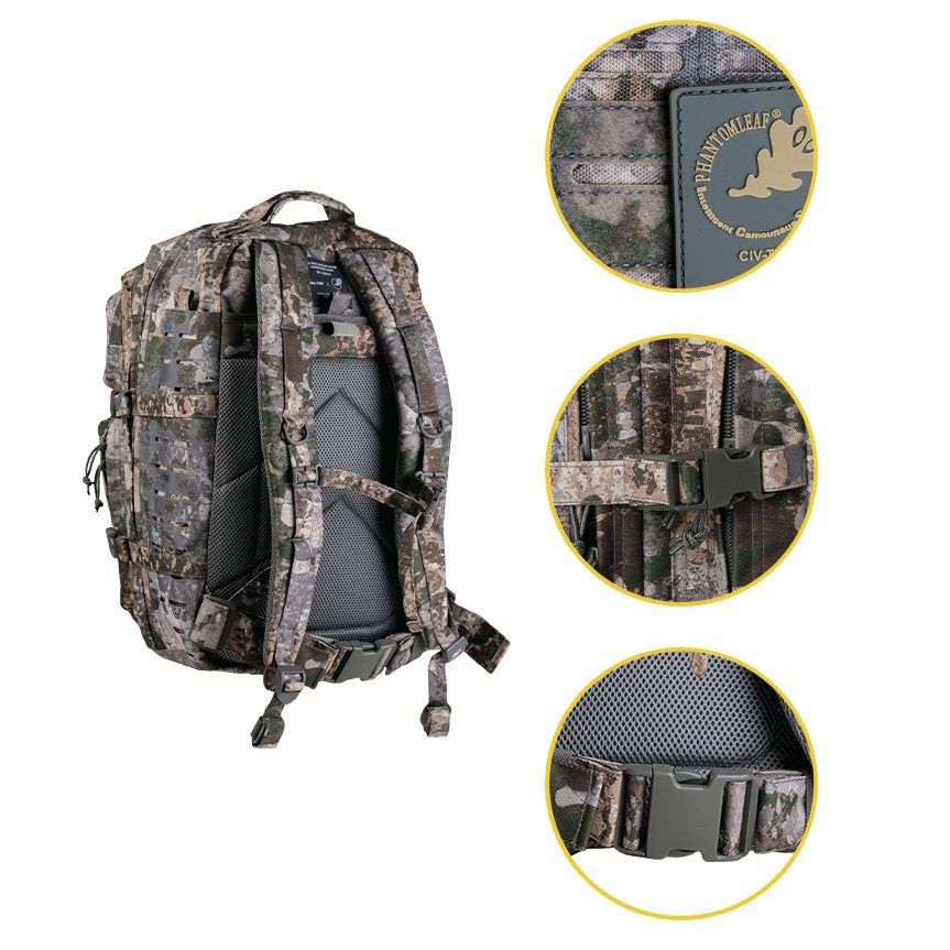 Mochila ASSAULT II LASER CUT gran Urban Grey vista frontal con sistema MOLLE y varios compartimentos