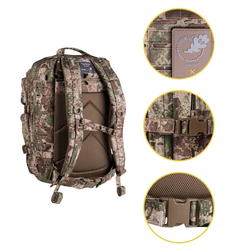 Mochila ASSAULT II LASER CUT gran Urban Grey vista frontal con sistema MOLLE y varios compartimentos
