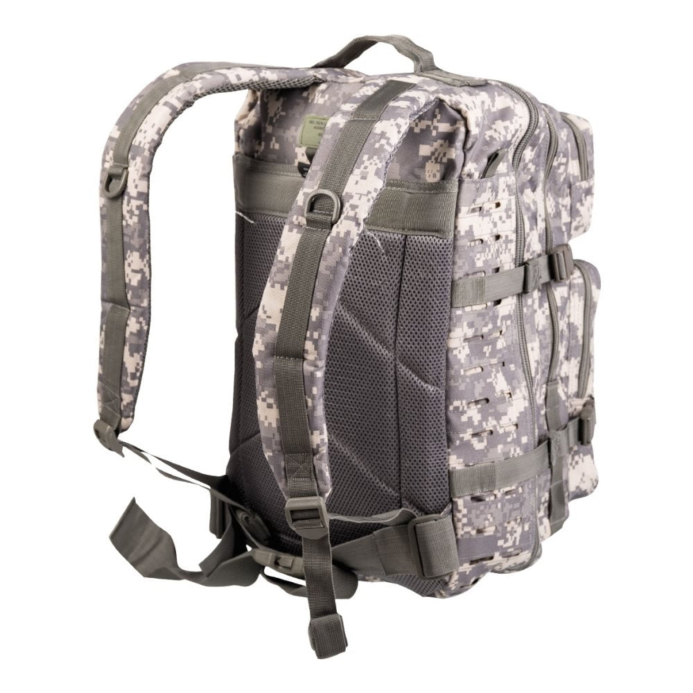 Mochila ASSAULT II LASER CUT gran Urban Grey vista frontal con sistema MOLLE y varios compartimentos