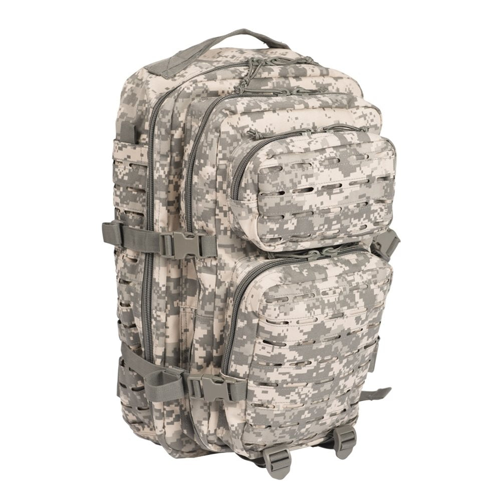 Mochila ASSAULT II LASER CUT gran Urban Grey vista frontal con sistema MOLLE y varios compartimentos