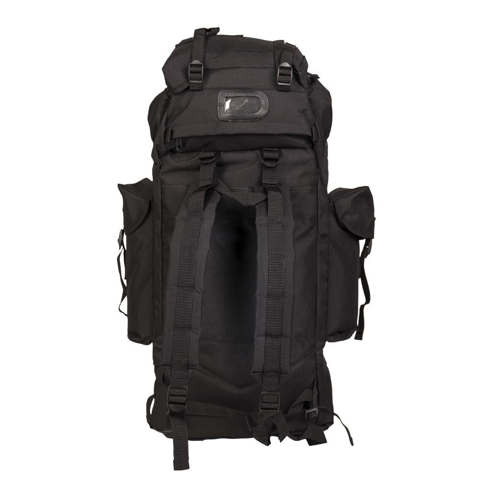 Mochila BW de combate negra vista frontal, dos compartimentos y bolsillo interior desmontable
