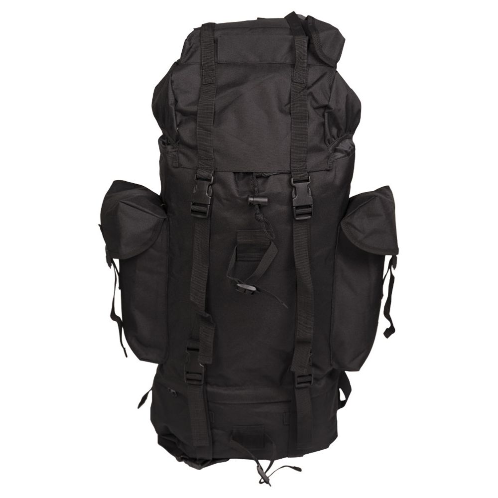 Mochila BW de combate negra vista frontal, dos compartimentos y bolsillo interior desmontable