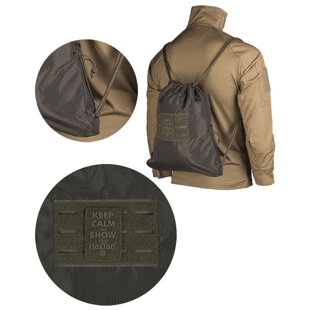 Mochila HEXTAC deportiva verde vista frontal con panel MOLLE, panel de velcro y estructura hexagonal HexTac, capacidad 7 litros