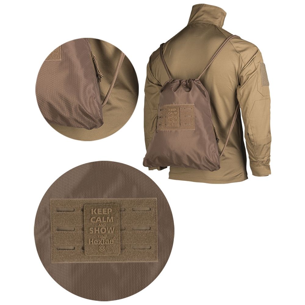 Mochila HEXTAC deportiva verde vista frontal con panel MOLLE, panel de velcro y estructura hexagonal HexTac, capacidad 7 litros