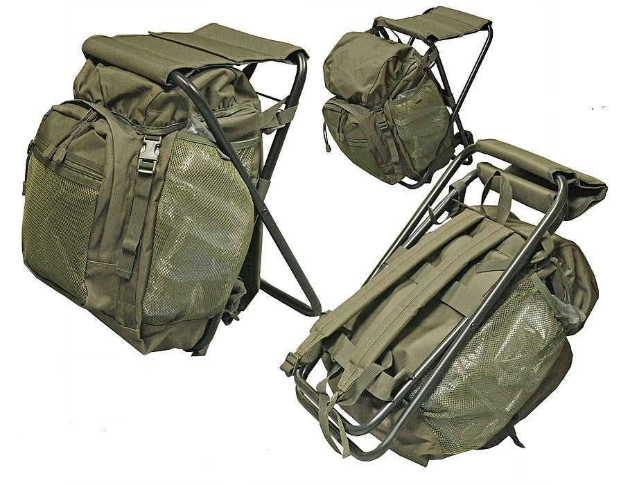 Mochila verde con asiento plegable 20l, compacta y ligera para camping y senderismo