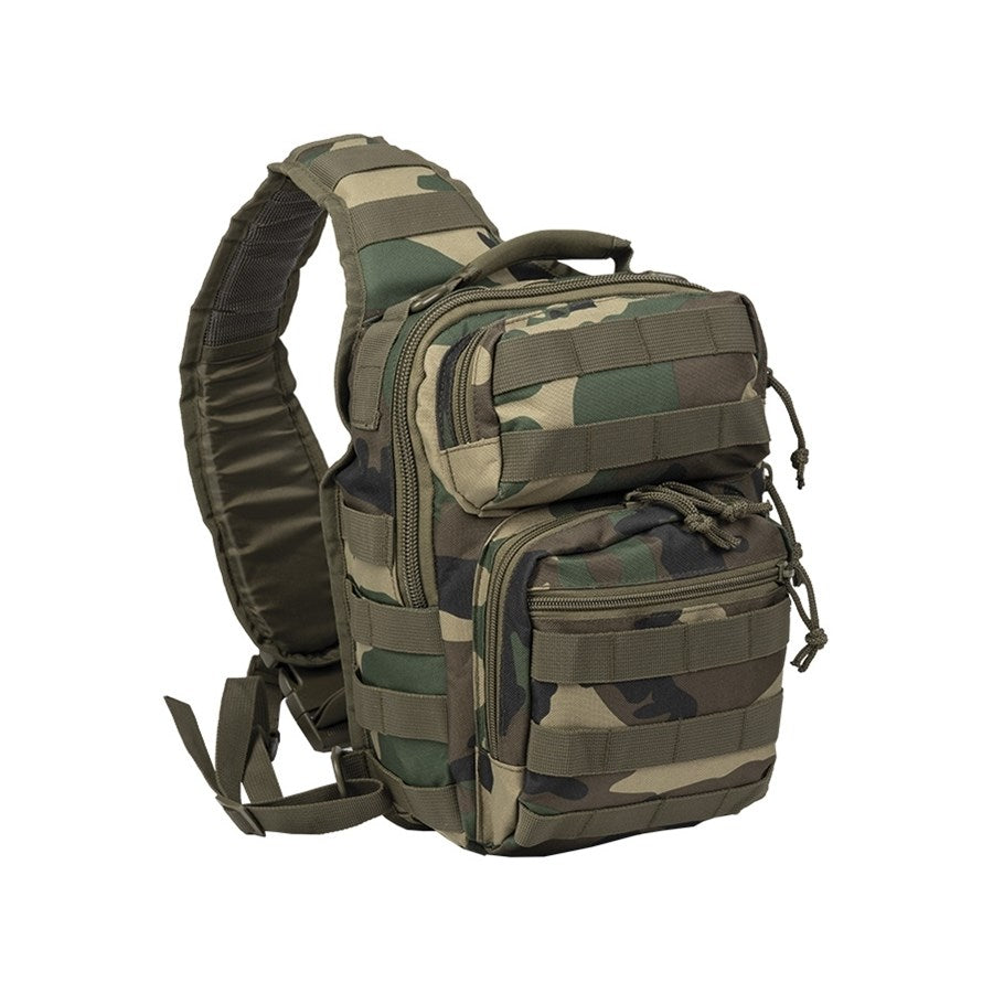 Mochila ASSAULT pequeña para un solo hombro WOODLAND, sistema MOLLE, dimensiones aprox. 30 x 22 x 13 cm