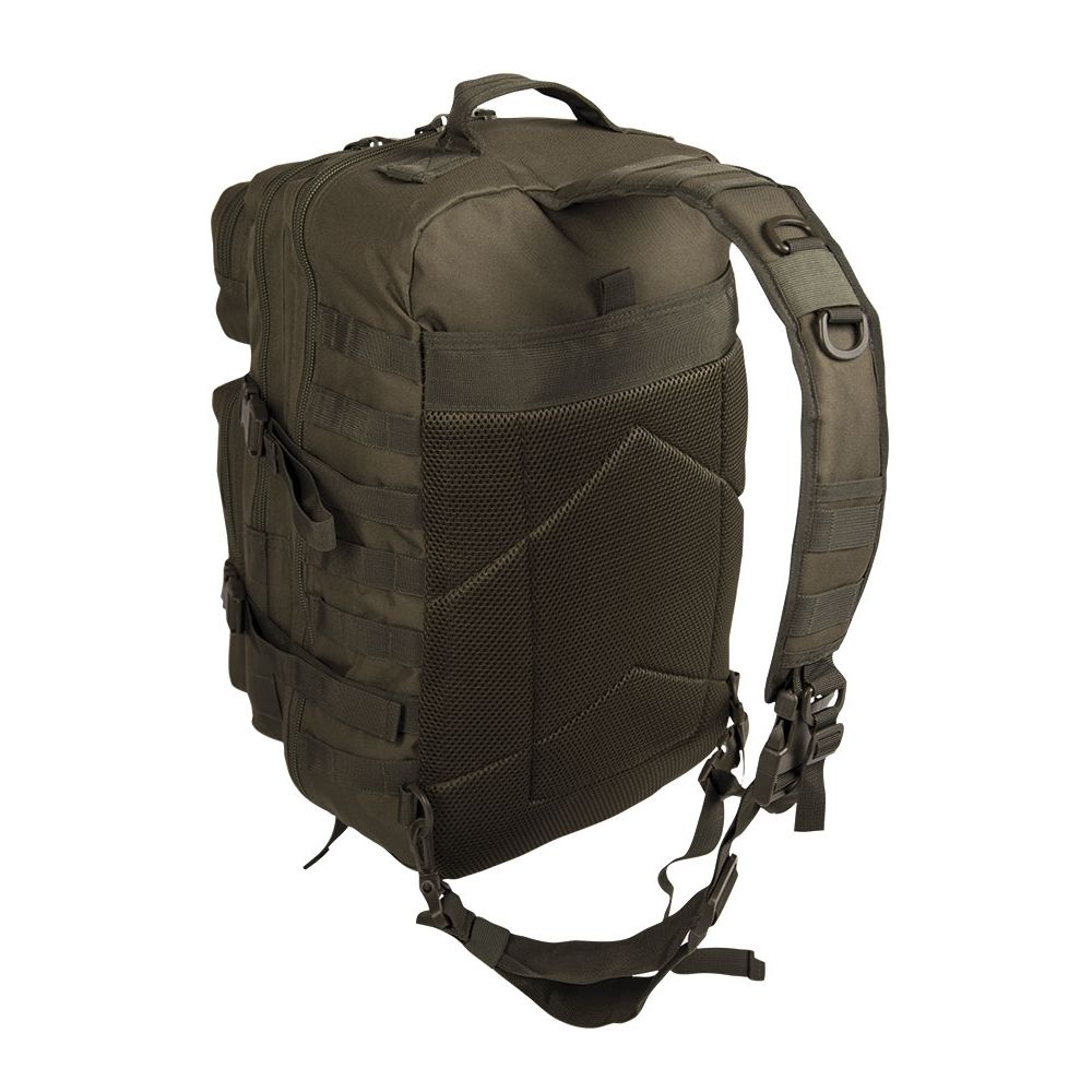 Mochila ASSAULT verde con sistema MOLLE y correa acolchada para un hombro, 48 x 33 x 27 cm