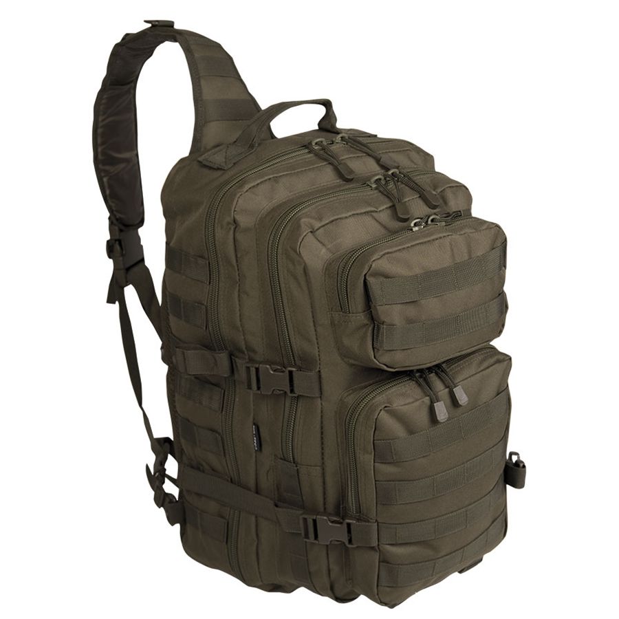 Mochila ASSAULT verde con sistema MOLLE y correa acolchada para un hombro, 48 x 33 x 27 cm