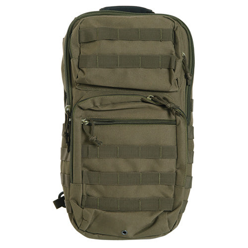 Mochila ASSAULT verde con sistema MOLLE y correa acolchada para un hombro, 48 x 33 x 27 cm