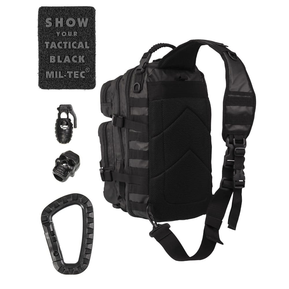 Mochila ASSAULT grande negra con un solo tirante, sistema MOLLE y revestimiento PU