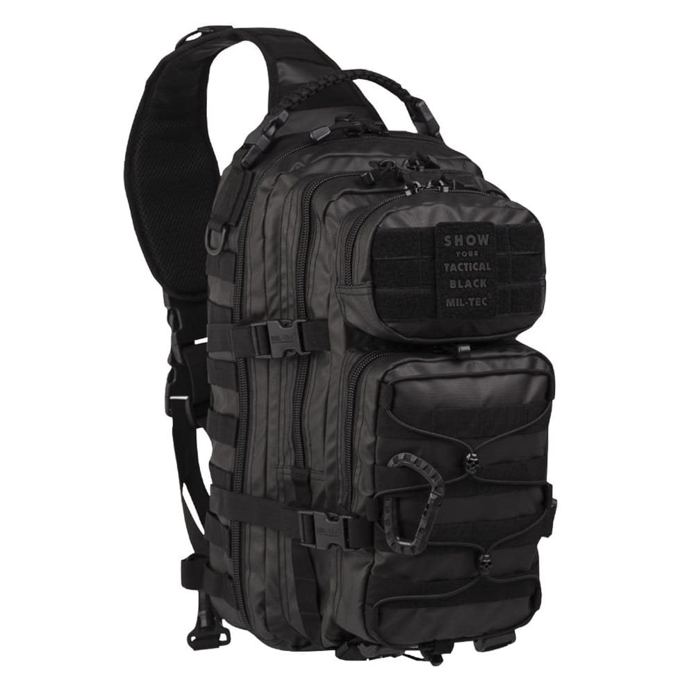 Mochila ASSAULT grande negra con un solo tirante, sistema MOLLE y revestimiento PU