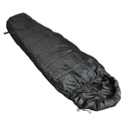 Saco de dormir COMMANDO negro con funda, corte momia, capucha y cordón de ajuste