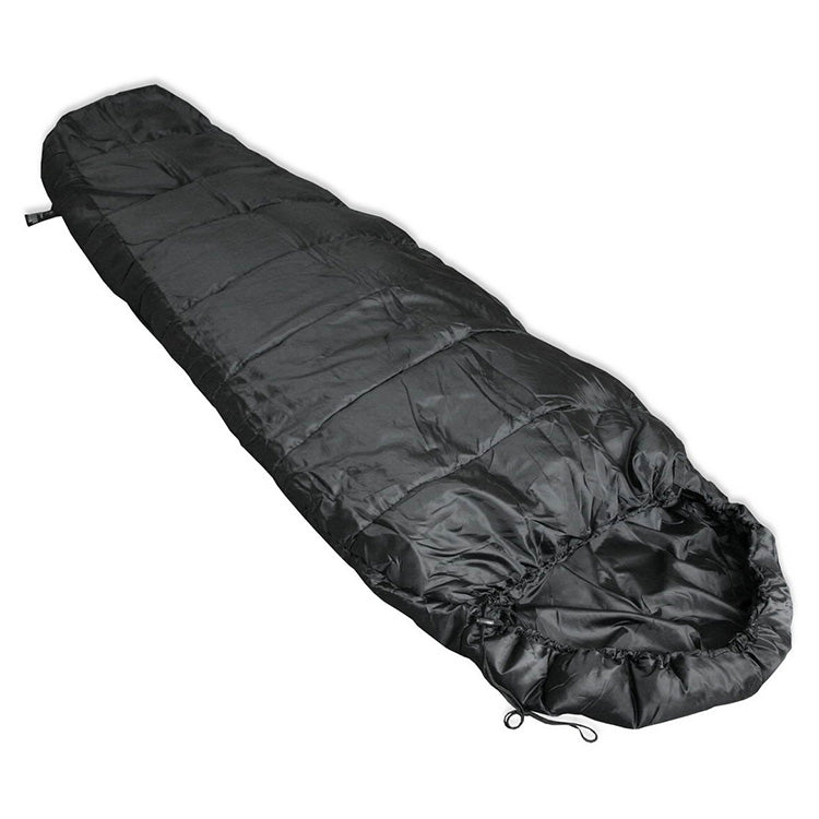 Saco de dormir COMMANDO negro con funda, corte momia, capucha y cordón de ajuste