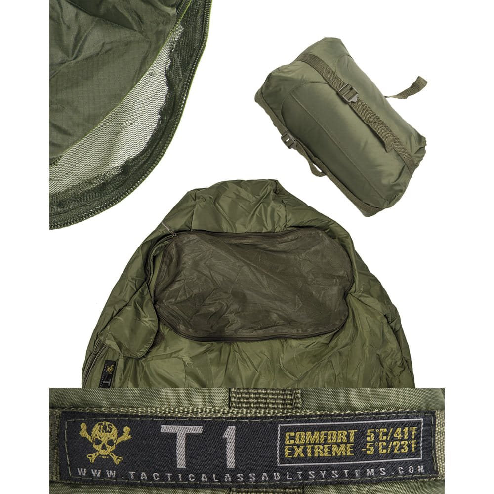 Saco de dormir momia 3D verde, nailon rip-stop, aislamiento Hollowfibre
