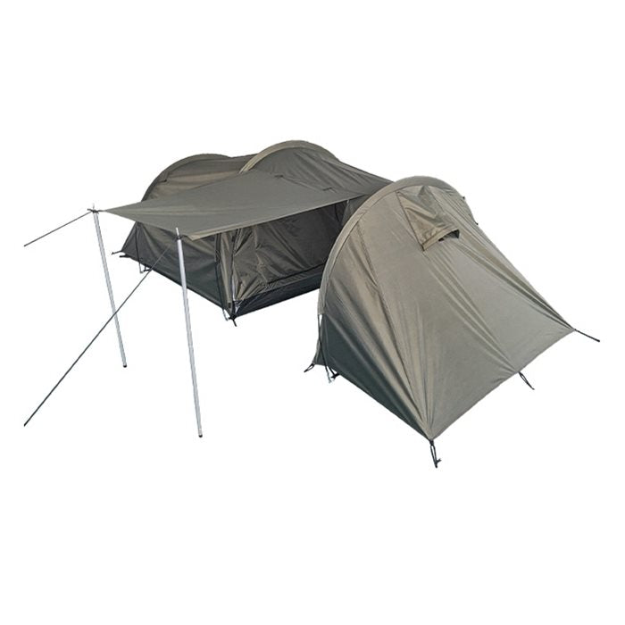 Tienda MIL-TEC verde para 2 personas con espacio separado para equipo