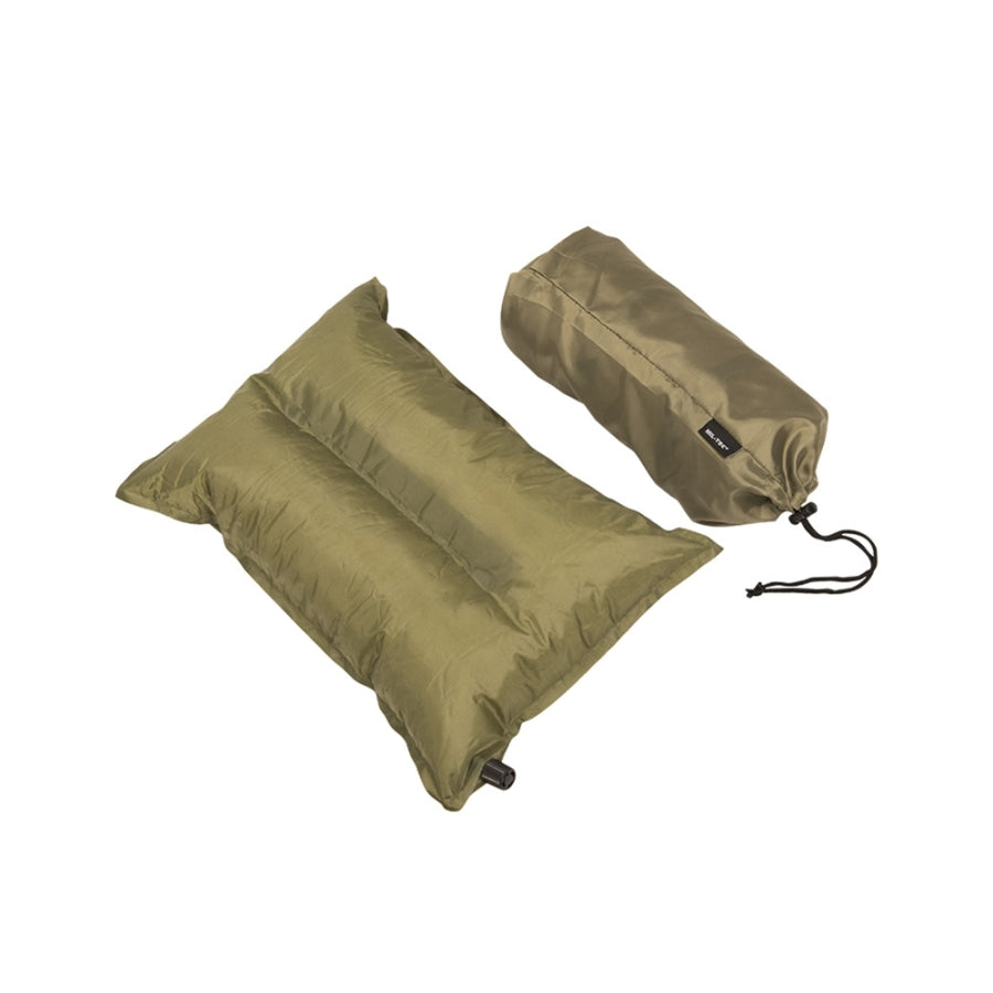 Almohada autoinflable verde con bolsa de transporte