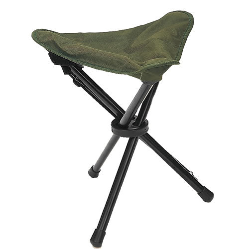 Taburete trípode plegable verde con estructura de acero y asiento de poliéster