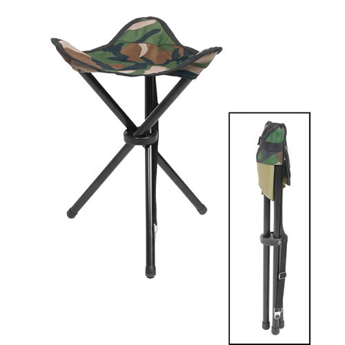 Taburete trípode plegable verde con estructura de acero y asiento de poliéster