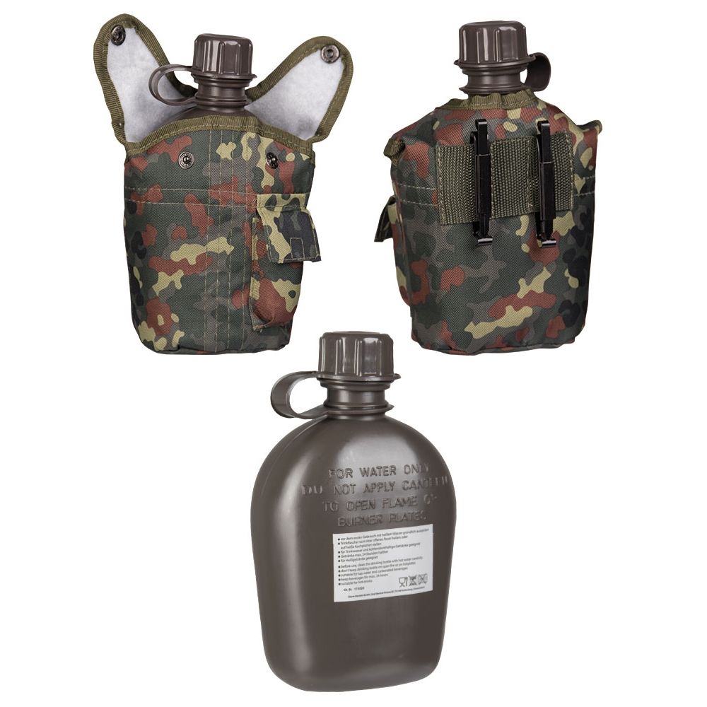 Cantimplora US 1L con funda Flecktarn y bolsillo para tabletas de esterilización
