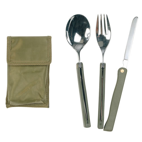 Cubertería plegable camping 3 piezas verde con funda de nylon