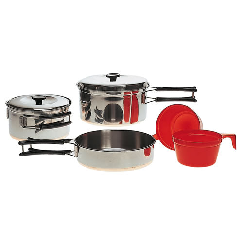 Set de cocina de acero inoxidable para 2 personas con sartén, 2 cazos con tapa y 2 tazas de plástico