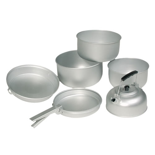 Juego de utensilios de cocina de aluminio Mil-Tec: 3 ollas, sartén y tetera 0,95 l