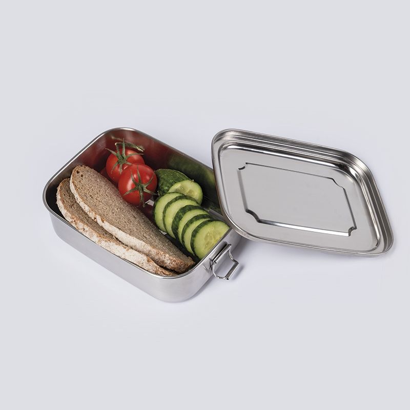Caja para comida de acero inoxidable 18 x 14 x 6,5 cm con cierre de dos broches