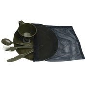 Set de vajilla CAMP verde en bolsa, incluye taza 200 ml, cubierto y plato Ø20 cm