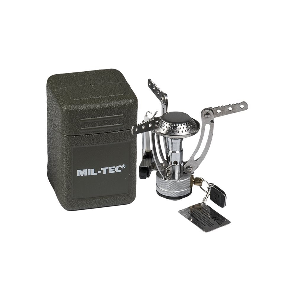 Hornillo SPIDER Mil-Tec plegable en caja de plástico, 1800W, peso ≈135 g.