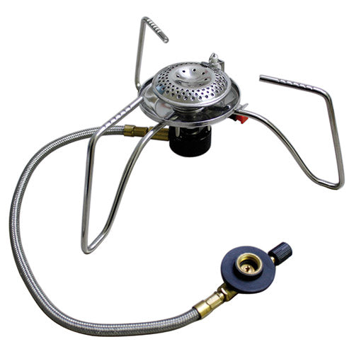 Hornillo de gas exterior 3500W con manguera para cartuchos roscados, patas plegables y válvula reguladora