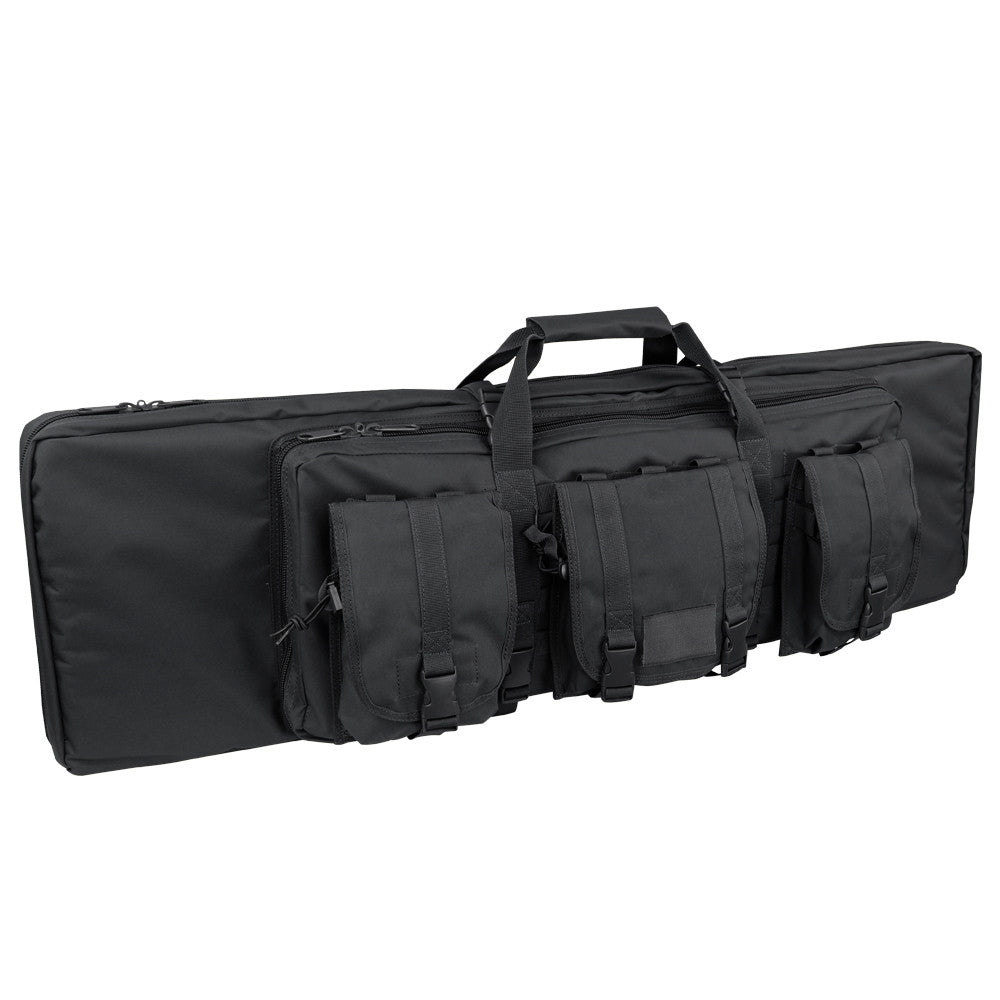 Bolsa para rifle 90 cm negra, vista frontal con bolsillos modulares y espacio para dos armas largas