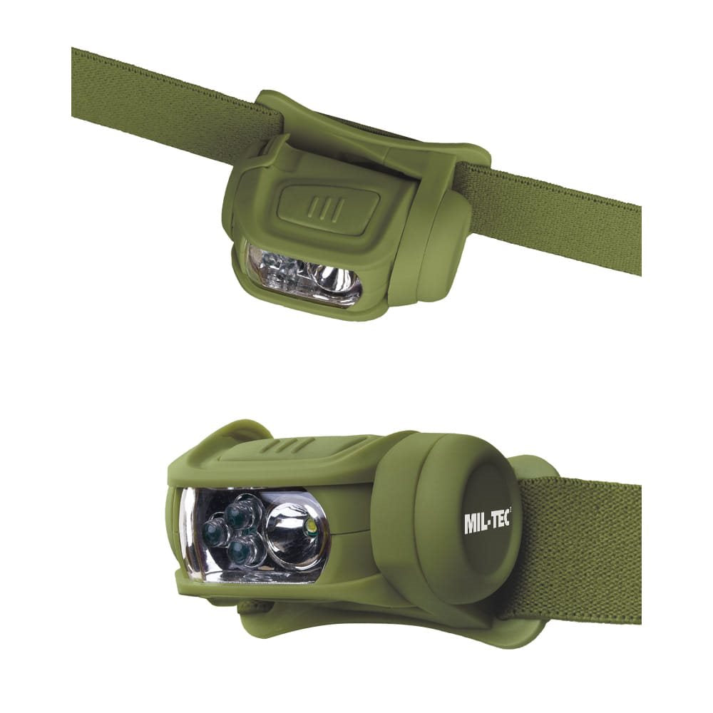 Linterna frontal LED 4 colores en verde, vista frontal con 12 LEDs y banda elástica ajustable
