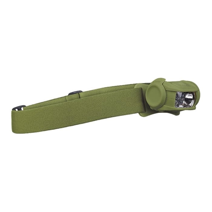 Linterna frontal LED 4 colores en verde, vista frontal con 12 LEDs y banda elástica ajustable