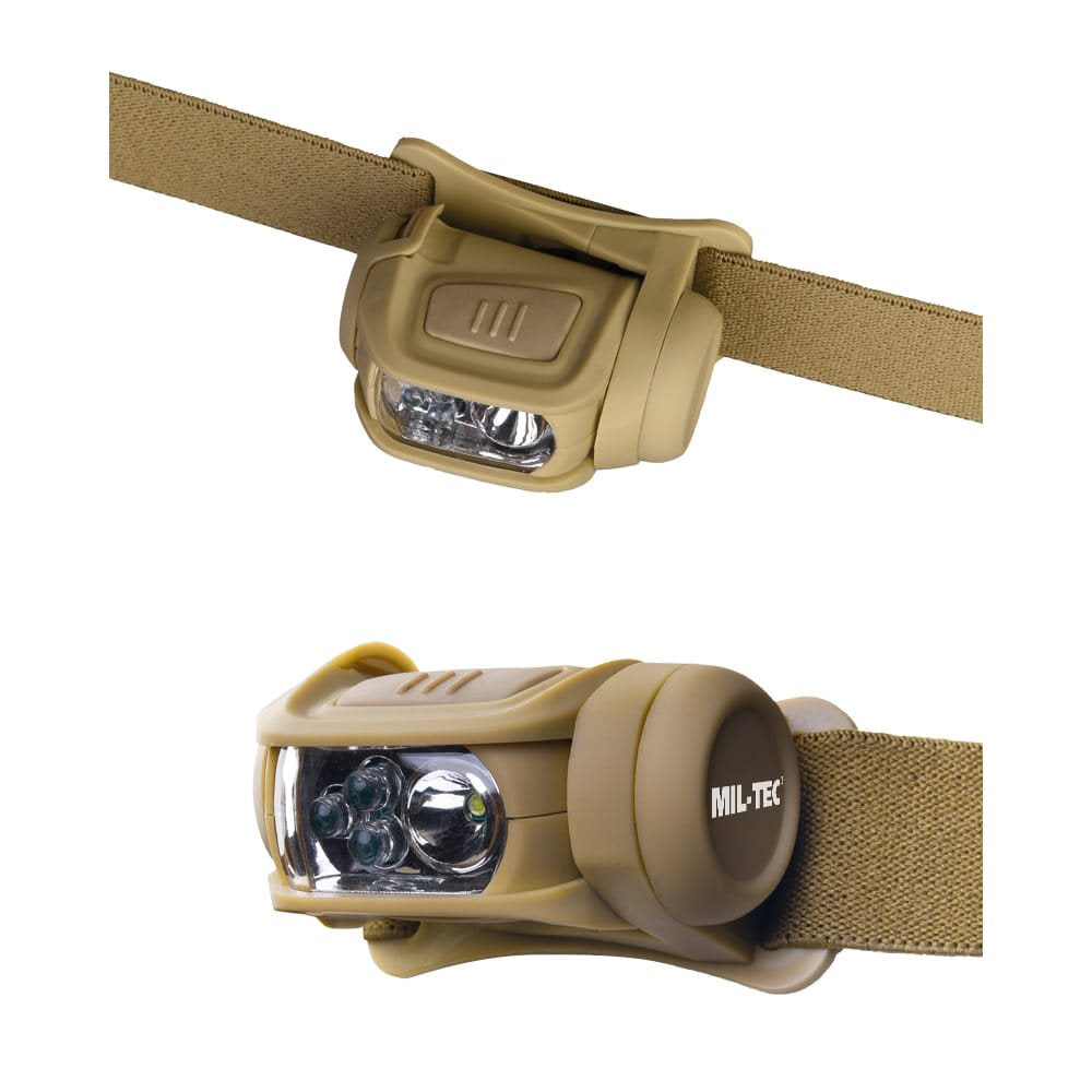 Linterna frontal LED 4 colores en verde, vista frontal con 12 LEDs y banda elástica ajustable