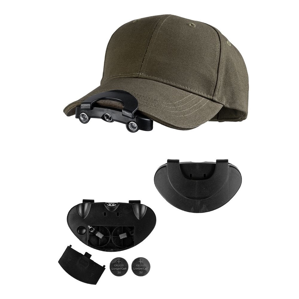 Linterna pequeña de 3 LED montada en la visera de una gorra, con pilas incluidas