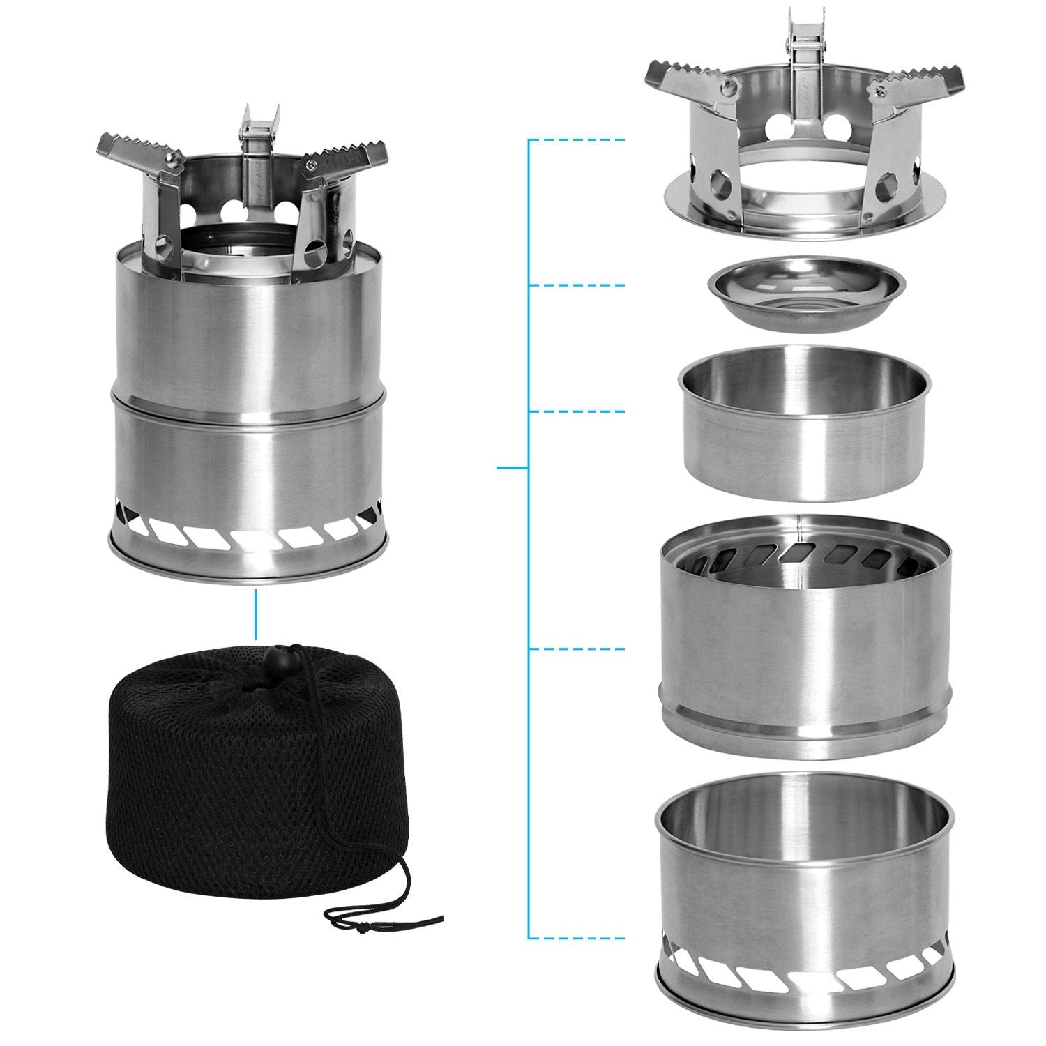 Hornillo plegable CAMPING DŘÍVKÁČ de acero inoxidable con funda y pajita telescópica