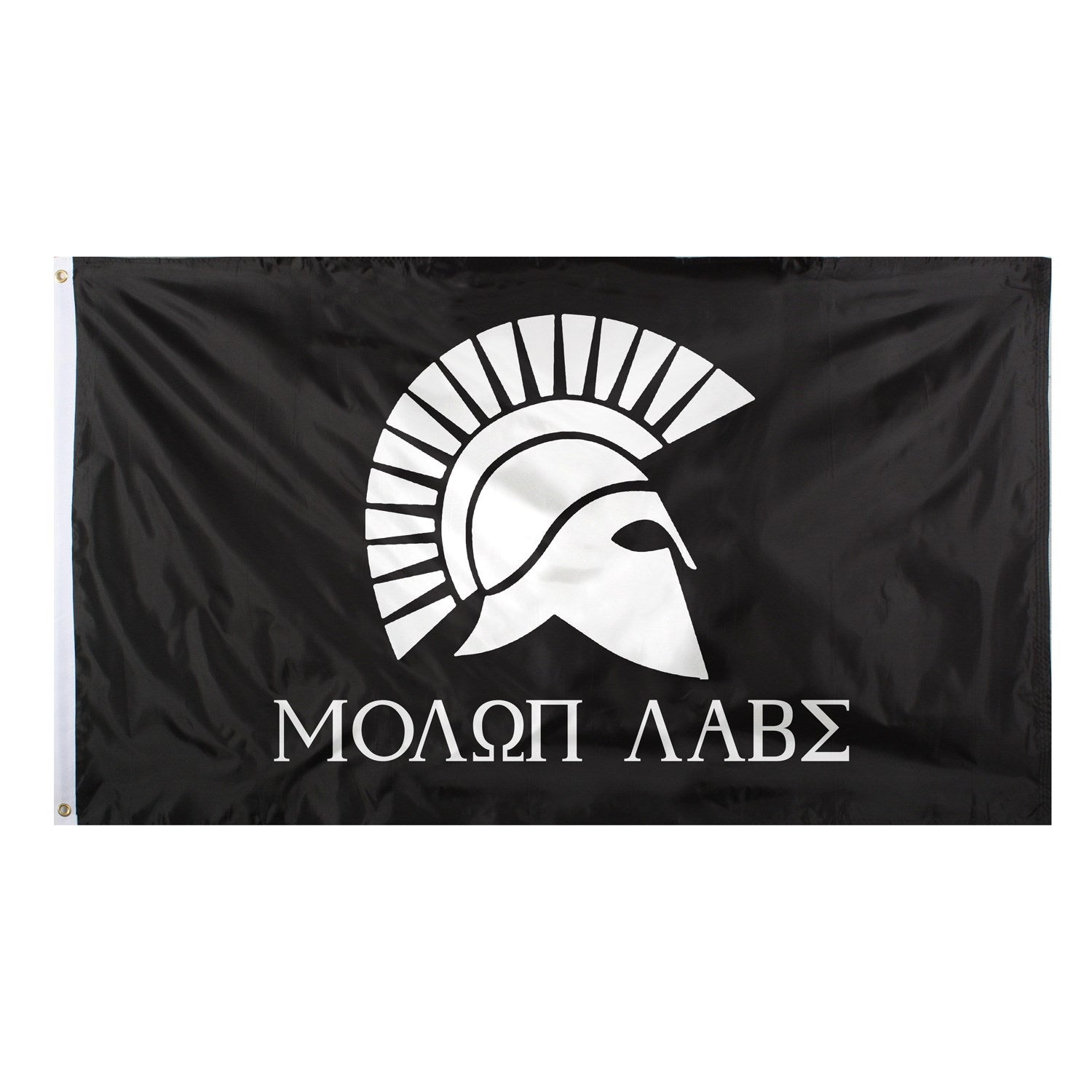 Bandera Molon Labe 90 x 150 cm con inscripción en griego y casco espartano