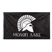 Bandera Molon Labe 90 x 150 cm con inscripción en griego y casco espartano