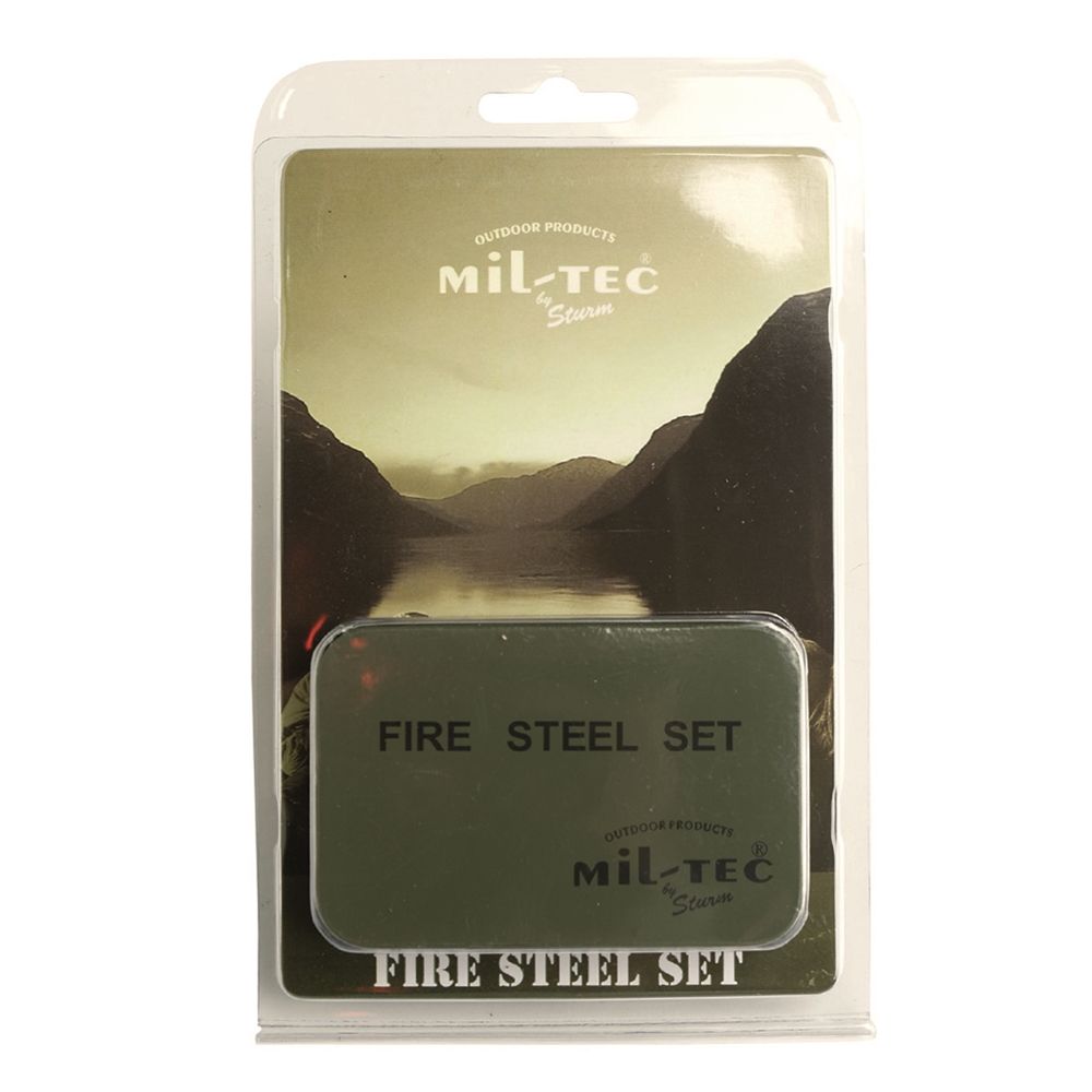 Set de encendido FIRE STEEL en caja metálica con pedernal, alcohol sólido y mechón de algodón