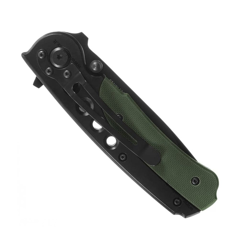 Navaja plegable negra y verde con clip y hoja ennegrecida