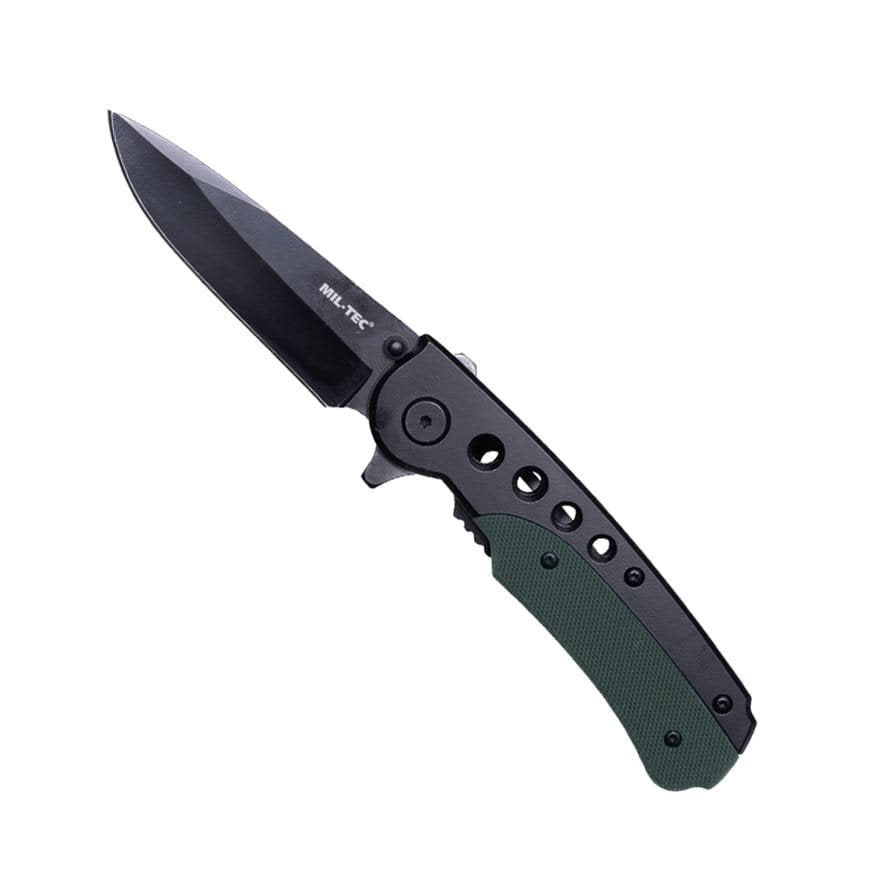 Navaja plegable negra y verde con clip y hoja ennegrecida