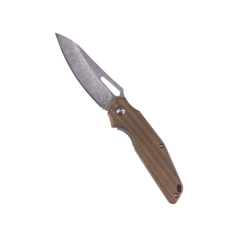 Navaja plegable WALNUT con hoja stonewash, orificio de apertura y mango de madera