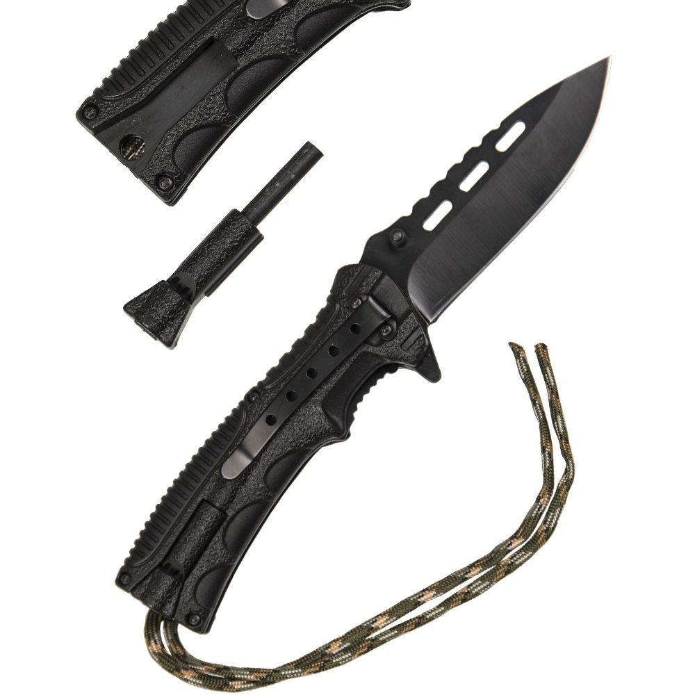 Navaja plegable ONE-HAND PARACORD WOOD con empuñadura de madera y pedernal