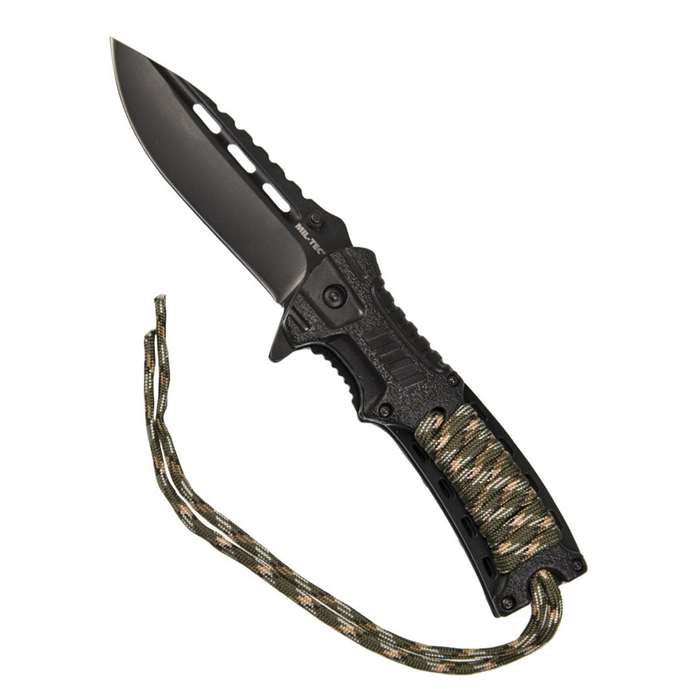 Navaja plegable ONE-HAND PARACORD WOOD con empuñadura de madera y pedernal