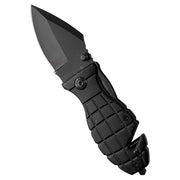 Navaja plegable GRANÁT ANANAS negra con mango en forma de granada y hoja de acero inoxidable, incluye cortacinturones y rompecristales