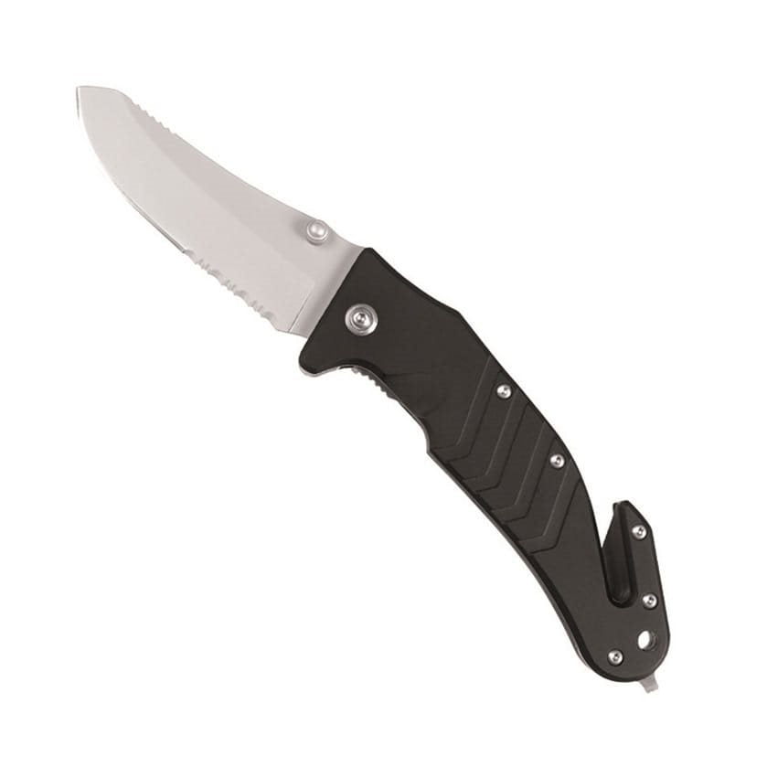 Navaja plegable negra con clip y cortador de correas