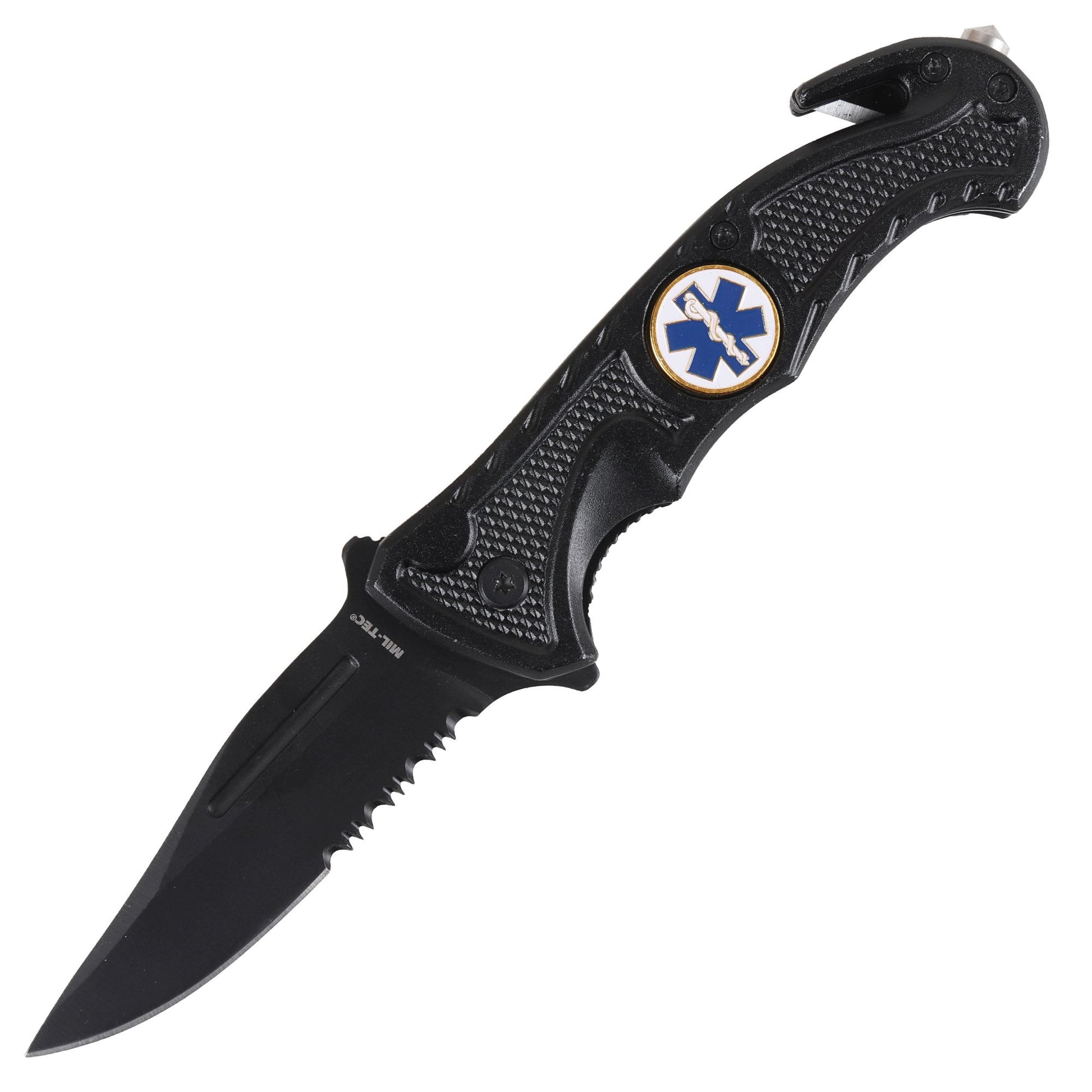 Cuchillo plegable RESCUE EMS con clip y cortador de correas