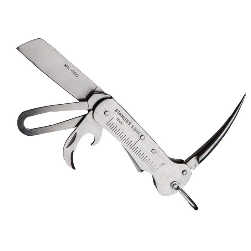 Navaja marinera plegable plateada de acero inoxidable con punzón, abrebotellas y hoja ancha