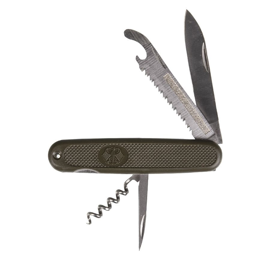 Navaja plegable BW multifunción verde con águila, hoja 8 cm y sierra
